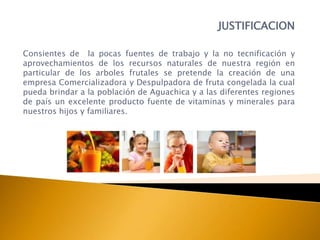 JUSTIFICACION

Consientes de la pocas fuentes de trabajo y la no tecnificación y
aprovechamientos de los recursos naturales de nuestra región en
particular de los arboles frutales se pretende la creación de una
empresa Comercializadora y Despulpadora de fruta congelada la cual
pueda brindar a la población de Aguachica y a las diferentes regiones
de país un excelente producto fuente de vitaminas y minerales para
nuestros hijos y familiares.
 