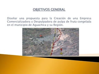 OBJETIVOS GENERAL

Diseñar una propuesta para la Creación de una Empresa
Comercializadora y Despulpadora de pulpa de fruta congelada
en el municipio de Aguachica y su Región.
 