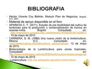    Héctor Vicente Coy Beltrán, Modulo Plan de Negocios,      Bogotá.
    D.C. 2007.
   Material de apoyo disponible en el foro
   APARICIO C. Y. (2011). Estudio de pre factibilidad del cultivo de
    lombrices para la producción y comercialización de humus en
    acacias-meta.             Bogotá.           Consultado        en:
      http://repository.urosario.edu.co/bitstream/10336/2639/1/52951027-2
    . 15 de mayo de 2012.
   CARRERA, S. M. (1988) Una nueva visión de la lombricultura.
    México                 D.C.              Consultado           en:
    www.lombricultura.cl/lombricultura...lombricultura/. 12 de mayo
    de 2012.
   Biotecnología de la Lombricultura para zonas tropicales.
    Consultado                                                    en:
    http://www.slideshare.net/rubi2936/lombricultura-biotecnologa-de-prod
    . 12 de mayo de 2012.
    Lombricultura. http://es.wikipedia.org/wiki/Lumbricultura
 
