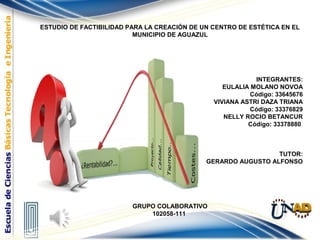 ESTUDIO DE FACTIBILIDAD PARA LA CREACIÓN DE UN CENTRO DE ESTÉTICA EN EL
MUNICIPIO DE AGUAZUL

INTEGRANTES:
EULALIA MOLANO NOVOA
Código: 33645676
VIVIANA ASTRI DAZA TRIANA
Código: 33376829
NELLY ROCIO BETANCUR
Código: 33378880

TUTOR:
GERARDO AUGUSTO ALFONSO

GRUPO COLABORATIVO
102058-111

 