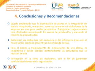 Escuela de Ciencias Básicas, Tecnología e Ingeniería
Programa de Ingeniería Industrial
Diseño de Plantas Industriales
Sustentación Oral Proyecto Aplicado - 2013II

4. Conclusiones y Recomendaciones
 Queda establecido que la distribución de planta es la integración de
toda la maquinaria, materiales, recursos humanos e instalaciones de la
empresa en una gran unidad productiva. Trabajando conjuntamente
con efectividad minimizando los costos de producción, y elevando al
máximo la productividad.
 Evidenciar los problemas más comunes en las diferentes áreas con el
fin de tomar acciones preventivas minimizando costos.
 Para el diseño o mejoramiento de instalaciones de una planta, es
importante y básico conocer perfectamente las actividades que se
realizan en ella.

 Percepción en la toma de decisiones, con el fin de garantizar
confiabilidad dentro de la organización.
FI-GQ-GCMU-004-015 V. 001-17-04-2013

 