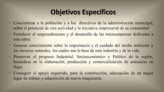 Objetivos Específicos
• Concientizar a la población y a los directivos de la administración municipal,
sobre el potencial de esta actividad y la iniciativa empresarial de su comunidad.
• Fortalecer el emprendimiento y el desarrollo de las microempresas dedicadas a
esta labor.
• Generar conocimiento sobre la importancia y el cuidado del medio ambiente y
los recursos naturales, los cuales son la base de esta industria y de la vida.
• Promover el progreso Industrial, Socioeconómico y Político de la región,
basándose en la elaboración, producción y comercialización de artesanías en
fique.
• Conseguir el apoyo requerido, para la construcción, adecuación de un mejor
lugar de trabajo y adquisición de nueva maquinaria.

 