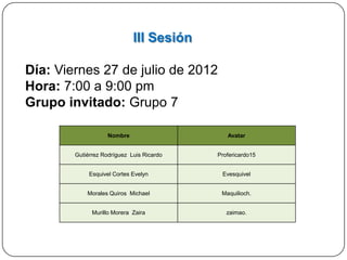 III Sesión

Día: Viernes 27 de julio de 2012
Hora: 7:00 a 9:00 pm
Grupo invitado: Grupo 7

                    Nombre                    Avatar


        Gutiérrez Rodríguez Luis Ricardo   Profericardo15


             Esquivel Cortes Evelyn         Evesquivel


            Morales Quiros Michael          Maquilioch.


              Murillo Morera Zaira            zaimao.
 
