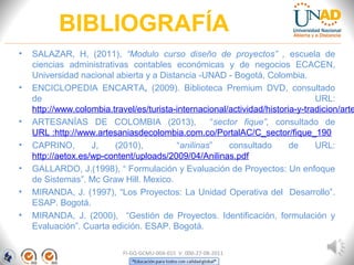 BIBLIOGRAFÍA
• SALAZAR, H, (2011), “Modulo curso diseño de proyectos” , escuela de
ciencias administrativas contables económicas y de negocios ECACEN,
Universidad nacional abierta y a Distancia -UNAD - Bogotá, Colombia.
• ENCICLOPEDIA ENCARTA, (2009). Biblioteca Premium DVD, consultado
de URL:
http://www.colombia.travel/es/turista-internacional/actividad/historia-y-tradicion/arte
• ARTESANÍAS DE COLOMBIA (2013), “sector fique”, consultado de
URL :http://www.artesaniasdecolombia.com.co/PortalAC/C_sector/fique_190
• CAPRINO, J, (2010), “anilinas” consultado de URL:
http://aetox.es/wp-content/uploads/2009/04/Anilinas.pdf
• GALLARDO, J.(1998), “ Formulación y Evaluación de Proyectos: Un enfoque
de Sistemas”. Mc Graw Hill. Mexico.
• MIRANDA, J. (1997), “Los Proyectos: La Unidad Operativa del Desarrollo”.
ESAP. Bogotá.
• MIRANDA, J. (2000), “Gestión de Proyectos. Identificación, formulación y
Evaluación”. Cuarta edición. ESAP. Bogotá.
FI-GQ-GCMU-004-015 V. 000-27-08-2011
 