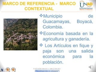 MARCO DE REFERENCIA -  MARCO 
CONTEXTUAL
Municipio de
Guacamayas, Boyacá,
Colombia.
Economía basada en la
agricultura y ganadería.
 Los Artículos en fique y
paja son una salida
económica para la
población.
FI-GQ-GCMU-004-015 V. 000-27-08-2011
 