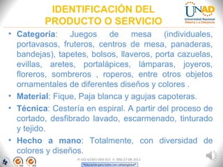 IDENTIFICACIÓN DEL
PRODUCTO O SERVICIO
• Categoría: Juegos de mesa (individuales,
portavasos, fruteros, centros de mesa, panaderas,
bandejas), tapetes, bolsos, llaveros, porta cazuelas,
evillas, aretes, portalápices, lámparas, joyeros,
floreros, sombreros , roperos, entre otros objetos
ornamentales de diferentes diseños y colores .
• Material: Fique, Paja blanca y agujas capoteras.
• Técnica: Cestería en espiral. A partir del proceso de
cortado, desfibrado lavado, escarmenado, tinturado
y tejido.
• Hecho a mano: Totalmente, con diversidad de
colores y diseños.
FI-GQ-GCMU-004-015 V. 000-27-08-2011
 