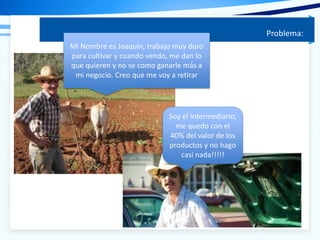 Problema:
Mi Nombre es Joaquín, trabajo muy duro
para cultivar y cuando vendo, me dan lo
que quieren y no se como ganarle más a
mi negocio. Creo que me voy a retirar
Soy el Intermediario,
me quedo con el
40% del valor de los
productos y no hago
casi nada!!!!!
 