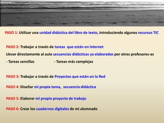 PASO 1: Utilizar una unidad didáctica del libro de texto, introduciendo algunos recursos TIC
PASO 2: Trabajar a través de tareas que están en Internet
Llevar directamente al aula secuencias didácticas ya elaboradas por otros profesores-as
- Tareas sencillas - Tareas más complejas
PASO 3: Trabajar a través de Proyectos que están en la Red
PASO 4: Diseñar mi propia tarea, secuencia didáctica
PASO 5: Elaborar mi propio proyecto de trabajo
PASO 6: Crear los cuadernos digitales de mi alumnado
 