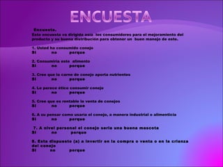 Encuesta. Esta encuesta va dirigida asía  los consumidores para el mejoramiento del producto y su buena distribución para obtener un  buen manejo de este. 1. Usted ha consumido conejo  Si  no  porque  2. Consumiría este  alimento Si  no  porque  3. Cree que la carne de conejo aporta nutrientes Si  no  porque 4. Le parece ético consumir conejo Si  no  porque 5. Cree que es rentable la venta de conejos Si  no  porque 6. A su pensar como usaría el conejo, a manera industrial o alimenticia Si  no  porque 7. A nivel personal el conejo seria una buena mascota Si  no  porque 8. Esta dispuesto (a) a invertir en la compra o venta o en la crianza del conejo Si  no  porque 
