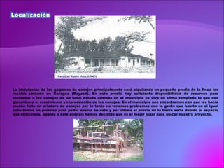 La instalación de los galpones de conejos principalmente será alquilando un pequeño predio de la finca los rosales ubicada en Garagoa (Boyacá). En este predio hay suficiente disponibilidad de recursos para mantener a los conejos en un buen estado además en el municipio se vive un clima templado lo que nos garantizara el crecimiento y reproducción de los conejos. En el municipio nos encontramos con que les hacía mucha falta un criadero de conejos por lo tanto no tenemos problemas con la gente que habita en el igual solicitamos un permiso para poder operar en este y por último el precio de la tierra seria debido al espacio que utilicemos. Debido a este análisis hemos decidido que es el mejor lugar para ubicar nuestro proyecto. 