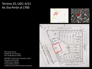 Terreno 25, UGC: 6/11
Av. Eva Perón al 1760
TIPO: Construcción.
SUPERFICIE: 30 x 30 aprox.
COU: RI (Residencial mixta)
ENTORNO: instituciones, proyectos y áreas
relevantes relacionadas.
• 500mts de H. Irigoyen
• 1km de Morón Centro
• 100mts de Santa María de Oro y Eva Perón.
 