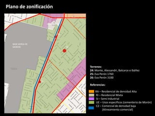 BASE AEREA DE
MORON
CEMENTERIO
24
25
26
Terrenos:
24: Monte, Alessandri, Balcarce e Ibáñez
25: Eva Perón 1760
26: Eva Perón 3100
Referencias:
RA – Residencial de densidad Alta
RI – Residencial Mixta
SI – Semi Industrial
UE – Usos específicos (cementerio de Morón)
C2 – Comercial de densidad baja
(Alineamiento comercial)
Plano de zonificación
 