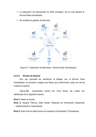  La asignación de presupuesto es difícil conseguir, por lo cual utilizará el
Service Desk Centralizado.
 Se simplifica la gestión de Servicios
Figura 4.1: (Selección de Alternativa - Service Desk Centralizado)
4.2.2.2. Niveles de Soporte
Una vez expuesto los beneficios al trabajar con el Service Desk
Centralizado, se procede a asignar las Áreas que conformarían cada uno de los
niveles de soporte.
Educa.Net actualmente cuenta con cinco Áreas, las cuales son
distribuidas de la siguiente manera:
Nivel 1: Mesa de Ayuda.
Nivel 2: Soporte Técnico, Data Center, Sistemas de Información (Desarrollo
– Implementación), Capacitación.
Nivel 3: Este nivel se debe formar con expertos (Coordinador), Proveedores.
 