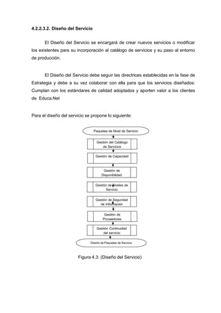 4.2.2.3.2. Diseño del Servicio
El Diseño del Servicio se encargará de crear nuevos servicios o modificar
los existentes para su incorporación al catálogo de servicios y su paso al entorno
de producción.
El Diseño del Servicio debe seguir las directrices establecidas en la fase de
Estrategia y debe a su vez colaborar con ella para que los servicios diseñados:
Cumplan con los estándares de calidad adoptados y aporten valor a los clientes
de Educa.Net
Para el diseño del servicio se propone lo siguiente:
Paquetes de Nivel de Servicio
Gestión del Catálogo
de Servicios
Gestión de Capacidad
Gestión de
Disponibilidad
Gestión de Niveles de
Servicio
Gestión de Seguridad
de Información
Gestión de
Proveedores
Gestión Continuidad
del servicio
Diseño de Paquetes de Servicio
Figura 4.3: (Diseño del Servicio)
 