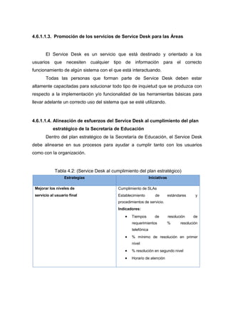 4.6.1.1.3. Promoción de los servicios de Service Desk para las Áreas
El Service Desk es un servicio que está destinado y orientado a los
usuarios que necesiten cualquier tipo de información para el correcto
funcionamiento de algún sistema con el que está interactuando.
Todas las personas que forman parte de Service Desk deben estar
altamente capacitadas para solucionar todo tipo de inquietud que se produzca con
respecto a la implementación y/o funcionalidad de las herramientas básicas para
llevar adelante un correcto uso del sistema que se esté utilizando.
4.6.1.1.4. Alineación de esfuerzos del Service Desk al cumplimiento del plan
estratégico de la Secretaría de Educación
Dentro del plan estratégico de la Secretaría de Educación, el Service Desk
debe alinearse en sus procesos para ayudar a cumplir tanto con los usuarios
como con la organización.
Tabla 4.2: (Service Desk al cumplimiento del plan estratégico)
Estrategias Iniciativas
Mejorar los niveles de
servicio al usuario final
Cumplimiento de SLAs
Establecimiento de estándares y
procedimientos de servicio.
Indicadores:
 Tiempos de resolución de
requerimientos % resolución
telefónica
 % mínimo de resolución en primer
nivel
 % resolución en segundo nivel
 Horario de atención
 