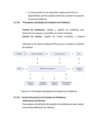 Problema
 La comunicación con la capacidad, niveles de servicio y la
disponibilidad permite analizar tendencias y prevenir la aparición
de futuros problemas.
4.7.3.8. Principales actividades de la Gestión de Problemas
Control de problemas.- registra y clasifica los problemas para
determinar sus causas y convertirlos en errores conocidos.
Control de errores.- registra los errores conocidos y propone
soluciones a los mismos mediante RFCs que son enviadas a la Gestión
de Cambios
Control de Problemas Control de Errores RFC
CMDB Monitorización y Seguimiento Gestión de
Cambios
Gestión de
Incidentes
Gestión de
Disponibilidad
Gestión de
Capacidad
Gestión de Niveles
de Servicios
Figura 4.14: (Principales actividades de la Gestión de Problemas)
4.7.3.9. Control del proceso de la Gestión de Problemas
Elaboración de Informes
Para evaluar el rendimiento de la gestión de problemas se debe realizar
una correcta elaboración de informes.
 