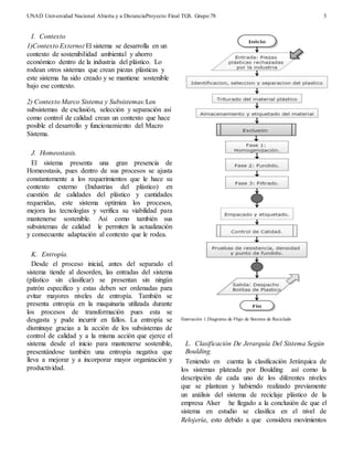 UNAD Universidad Nacional Abierta y a DistanciaProyecto Final TGS. Grupo:78 
3 
I. Contexto 
1)Contexto Externo: El sistema se desarrolla en un 
contexto de sostenibilidad ambiental y ahorro 
económico dentro de la industria del plástico. Lo 
rodean otros sistemas que crean piezas plásticas y 
este sistema ha sido creado y se mantiene sostenible 
bajo ese contexto. 
2) Contexto Marco Sistema y Subsistemas:Los 
subsistemas de exclusión, selección y separación así 
como control de calidad crean un contexto que hace 
posible el desarrollo y funcionamiento del Macro 
Sistema. 
J. Homeostasis. 
El sistema presenta una gran presencia de 
Homeostasis, pues dentro de sus procesos se ajusta 
constantemente a los requerimientos que le hace su 
contexto externo (Industrias del plástico) en 
cuestión de calidades del plástico y cantidades 
requeridas, este sistema optimiza los procesos, 
mejora las tecnologías y verifica su viabilidad para 
mantenerse sostenible. Así como también sus 
subsistemas de calidad le permiten la actualización 
y consecuente adaptación al contexto que le rodea. 
K. Entropía. 
Desde el proceso inicial, antes del separado el 
sistema tiende al desorden, las entradas del sistema 
(plástico sin clasificar) se presentan sin ningún 
patrón especifico y estas deben ser ordenadas para 
evitar mayores niveles de entropía. También se 
presenta entropía en la maquinaria utilizada durante 
los procesos de transformación pues esta se 
desgasta y pude incurrir en fallos. La entropía se 
disminuye gracias a la acción de los subsistemas de 
control de calidad y a la misma acción que ejerce el 
sistema desde el inicio para mantenerse sostenible, 
presentándose también una entropía negativa que 
lleva a mejorar y a incorporar mayor organización y 
productividad. 
Ilust ración 1.Diagrama de Flujo de Sistema de Reciclado 
L. Clasificación De Jerarquía Del Sistema Según 
Boulding. 
Teniendo en cuenta la clasificación Jerárquica de 
los sistemas plateada por Boulding así como la 
descripción de cada uno de los diferentes niveles 
que se plantean y habiendo realizado previamente 
un análisis del sistema de reciclaje plástico de la 
empresa Alser he llegado a la conclusión de que el 
sistema en estudio se clasifica en el nivel de 
Relojería, esto debido a que considera movimientos 
 