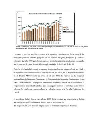 Los avances que han surgido en cuanto a la seguridad ciudadana van de la mano de las
decisiones políticas tomadas por parte de los alcaldes de Quito, Guayaquil y Cuenca a
principios del año 2000 para tomar acciones contra las presiones ciudadanas provocadas
por el aumento de cierto tipo de delitos desde mediados de la década de los 90.
Quito ha sido la ciudad con más avances en institucionalización y desarrollo de actividades
de seguridad ciudadana mediante la implementación del Pacto por la Seguridad Ciudadana
en el Distrito Metropolitano de Quito en el año 2002, la creación de la Dirección
Metropolitana de Seguridad Ciudadana y el Observatorio de Seguridad Ciudadana en el año
2003. En la ciudad de Guayaquil se implemento un modelo similar con la creación de la
corporación de Seguridad Ciudadana para Guayaquil y también se introdujo un modelo de
información estadística en criminalidad y violencia gracias a la Escuela Politécnica del
Litoral.
El presidente Rafael Correa para el año 2007 declaro estado de emergencia la Policía
Nacional y otorgo 300 millones de dólares para su modernización.
En mayo del 2007 por decisión del presidente se prohíbe la importación de armas.
 