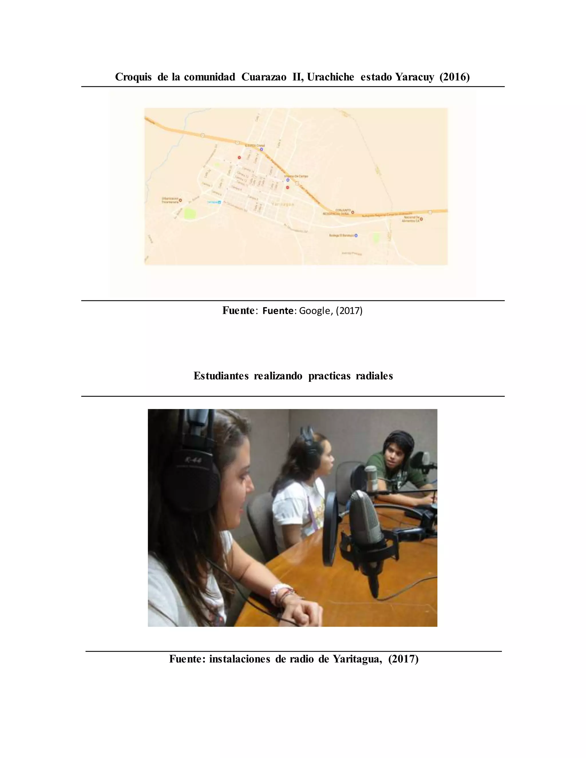 Croquis de la comunidad Cuarazao II, Urachiche estado Yaracuy (2016)
Fuente: Fuente: Google, (2017)
Estudiantes realizando practicas radiales
Fuente: instalaciones de radio de Yaritagua, (2017)
 