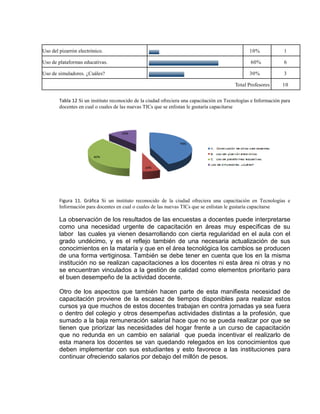 Uso del pizarrón electrónico. 10% 1
Uso de plataformas educativas.
,
60% 6
Uso de simuladores. ¿Cuáles?
.
30% 3
Total Profesores 10
Tabla 12 Si un instituto reconocido de la ciudad ofreciera una capacitación en Tecnologías e Información para
docentes en cual o cuales de las nuevas TICs que se enlistan le gustaría capacitarse
Figura 11. Gráfica Si un instituto reconocido de la ciudad ofreciera una capacitación en Tecnologías e
Información para docentes en cual o cuales de las nuevas TICs que se enlistan le gustaría capacitarse
La observación de los resultados de las encuestas a docentes puede interpretarse
como una necesidad urgente de capacitación en áreas muy específicas de su
labor las cuales ya vienen desarrollando con cierta regularidad en el aula con el
grado undécimo, y es el reflejo también de una necesaria actualización de sus
conocimientos en la mataría y que en el área tecnológica los cambios se producen
de una forma vertiginosa. También se debe tener en cuenta que los en la misma
institución no se realizan capacitaciones a los docentes ni esta área ni otras y no
se encuentran vinculados a la gestión de calidad como elementos prioritario para
el buen desempeño de la actividad docente.
Otro de los aspectos que también hacen parte de esta manifiesta necesidad de
capacitación proviene de la escasez de tiempos disponibles para realizar estos
cursos ya que muchos de estos docentes trabajan en contra jornadas ya sea fuera
o dentro del colegio y otros desempeñas actividades distintas a la profesión, que
sumado a la baja remuneración salarial hace que no se pueda realizar por que se
tienen que priorizar las necesidades del hogar frente a un curso de capacitación
que no redunda en un cambio en salarial que pueda incentivar el realizarlo de
esta manera los docentes se van quedando relegados en los conocimientos que
deben implementar con sus estudiantes y esto favorece a las instituciones para
continuar ofreciendo salarios por debajo del millón de pesos.
 