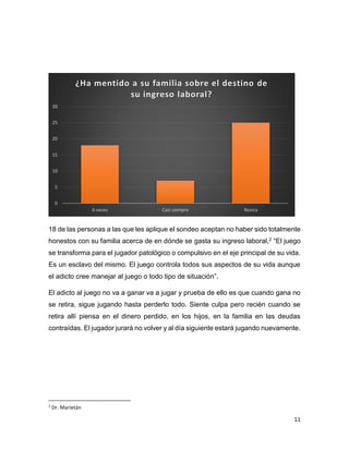 11
18 de las personas a las que les aplique el sondeo aceptan no haber sido totalmente
honestos con su familia acerca de en dónde se gasta su ingreso laboral,2 “El juego
se transforma para el jugador patológico o compulsivo en el eje principal de su vida.
Es un esclavo del mismo. El juego controla todos sus aspectos de su vida aunque
el adicto cree manejar al juego o todo tipo de situación”.
El adicto al juego no va a ganar va a jugar y prueba de ello es que cuando gana no
se retira, sigue jugando hasta perderlo todo. Siente culpa pero recién cuando se
retira allí piensa en el dinero perdido, en los hijos, en la familia en las deudas
contraídas. El jugador jurará no volver y al día siguiente estará jugando nuevamente.
2
Dr. Marietán
0
5
10
15
20
25
30
A veces Casi siempre Nunca
¿Ha mentido a su familia sobre el destino de
su ingreso laboral?
 