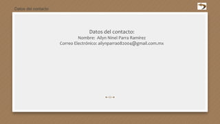Datos del contacto
Datos del contacto:
Nombre: Ailyn Ninel Parra Ramírez
Correo Electrónico: ailynparra082004@gmail.com.mx
 