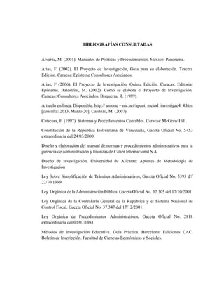BIBLIOGRAFÍAS CONSULTADAS
Álvarez, M. (2001). Manuales de Políticas y Procedimientos. México: Panorama.
Arias, F. (2002). El Proyecto de Investigación, Guía para su elaboración. Tercera
Edición. Caracas: Episteme Consultores Asociados.
Arias, F (2006). El Proyecto de Investigación. Quinta Edición. Caracas: Editorial
Episteme. Balestrini, M. (2002). Como se elabora el Proyecto de Investigación.
Caracas: Consultores Asociados. Bisquerra, R. (1989).
Artículo en línea. Disponible: http:// aniorte – nic.net/apunt_metod_investigac4_4.htm
[consulta: 2013, Marzo 20]. Cardozo, M. (2007).
Catacora, F. (1997). Sistemas y Procedimientos Contables. Caracas: McGraw Hill.
Constitución de la República Bolivariana de Venezuela, Gaceta Oficial No. 5453
extraordinaria del 24/03/2000.
Diseño y elaboración del manual de normas y procedimientos administrativos para la
gerencia de administración y finanzas de Calier Internacional S.A.
Diseño de Investigación. Universidad de Alicante: Apuntes de Metodología de
Investigación
Ley Sobre Simplificación de Trámites Administrativos, Gaceta Oficial No. 5393 d/f
22/10/1999.
Ley Orgánica de la Administración Pública, Gaceta Oficial No. 37.305 del 17/10/2001.
Ley Orgánica de la Contraloría General de la República y el Sistema Nacional de
Control Fiscal. Gaceta Oficial No. 37.347 del 17/12/2001.
Ley Orgánica de Procedimientos Administrativos, Gaceta Oficial No. 2818
extraordinaria del 01/07/1981.
Métodos de Investigación Educativa. Guía Práctica. Barcelona: Ediciones CAC.
Boletín de Inscripción. Facultad de Ciencias Económicas y Sociales.
 