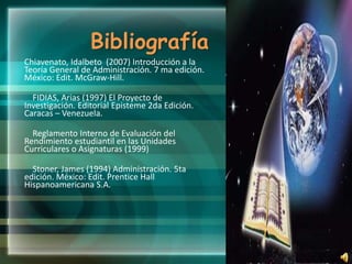 Bibliografía
Chiavenato, Idalbeto (2007) Introducción a la
Teoría General de Administración. 7 ma edición.
México: Edit. McGraw-Hill.

  FIDIAS, Arias (1997) El Proyecto de
Investigación. Editorial Episteme 2da Edición.
Caracas – Venezuela.

  Reglamento Interno de Evaluación del
Rendimiento estudiantil en las Unidades
Curriculares o Asignaturas (1999)

  Stoner, James (1994) Administración. 5ta
edición. México: Edit. Prentice Hall
Hispanoamericana S.A.
 