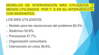 MODELOS DE INTERVENCION MÁS UTILIZADOS Y
MENOS UTILIZADOS POR T. S EN SU INTERVENCION
CON MIGRANTES.
LOS MÁS UTILIZADOS:
 Modelo para las resoluciones del problema 60.5%.
 Sistémico 52.6%.
 Psicosocial 47.7%.
 Organización comunitaria.
 Intervención en crisis 36.8%.
 