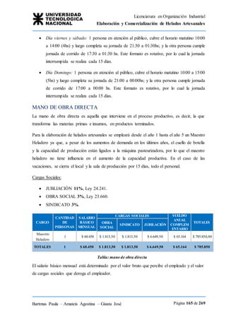 Licenciatura en Organización Industrial
Elaboración y Comercialización de Helados Artesanales
Bartmus Paula – Amateis Agostina – Giusta José Página 165 de 269
 Día viernes y sábado: 1 persona en atención al público, cubre el horario matutino 10:00
a 14:00 (4hs) y luego completa su jornada de 21:30 a 01:30hs; y la otra persona cumple
jornada de corrido de 17:30 a 01:30 hs. Este formato es rotativo, por lo cual la jornada
interrumpida se realiza cada 15 días.
 Día Domingo: 1 persona en atención al público, cubre el horario matutino 10:00 a 15:00
(5hs) y luego completa su jornada de 21:00 a 00:00hs; y la otra persona cumple jornada
de corrido de 17:00 a 00:00 hs. Este formato es rotativo, por lo cual la jornada
interrumpida se realiza cada 15 días.
MANO DE OBRA DIRECTA
La mano de obra directa es aquella que interviene en el proceso productivo, es decir, la que
transforma las materias primas e insumos, en productos terminados.
Para la elaboración de helados artesanales se empleará desde el año 1 hasta el año 5 un Maestro
Heladero ya que, a pesar de los aumentos de demanda en los últimos años, el cuello de botella
y la capacidad de producción están ligados a la máquina pasteurizadora, por lo que el maestro
heladero no tiene influencia en el aumento de la capacidad productiva. En el caso de las
vacaciones, se cierra el local y la sala de producción por 15 días, todo el personal.
Cargas Sociales:
 JUBLIACIÓN 11%, Ley 24.241.
 OBRA SOCIAL 3%, Ley 23.660.
 SINDICATO 3%.
CARGO
CANTIDAD
DE
PERSONAS
SALARIO
BÁSICO
MENSUAL
CARGAS SOCIALES SUELDO
ANUAL
COMPLEM
ENTARIO
TOTALES
OBRA
SOCIAL
SINDICATO JUBILACIÓN
Maestro
Heladero
1 $ 60.450 $ 1.813,50 $ 1.813,50 $ 6.649,50 $ 65.164 $ 785.850,00
TOTALES 1 $ 60.450 $ 1.813,50 $ 1.813,50 $ 6.649,50 $ 65.164 $ 785.850
Tabla: mano de obra directa
El salario básico mensual está determinado por el valor bruto que percibe el empleado y el valor
de cargas sociales que deroga el empleador.
 
