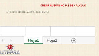 CREAR NUEVAS HOJAS DE CALCULO
1. CLIC EN EL ICONO DE AUMENTAR HOJA DE CALCULO

 