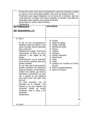 Al final de la obra, se le dará la oportunidad a cada niño de pasar a contar
un cuento con los personajes guiñoles, esto será por equipos de tres.
Finalmente para seguir trabajando con el tema de la navidad, este día
comenzaremos a realizar una corona navideña de manitas, para ellos los
materiales serán pedidos a los padres de familia.
Se les leerá un cuento sobre la familia.
Cantaremos.
ACTIVIDADES
DE DESARROLLO:
RECURSOS:
 Día 3:
El día de hoy comenzaremos
hablando sobre los valores en la
casa y escuela, sobre lo que está
bien y está mal.
Realizaremos juegos dinámicos
relacionados al tema de como
portarnos y las reglas de los
juegos.
Continuaremos con la actividad
de la corona navideña para que
quede completa.
En una hoja que se les brindará,
tendrán que llenar con bolitas de
papel un arbolito y en las esferas
vendrán los valores que hemos
aprendido y pasaremos uno por
uno a explicar lo que significa
para cada quien ese valor que
les tocó.
Se dará comienzo con la
actividad de la navidad, con
frascos en los que adentro se
colocarán bolitas de unicel
simulando nieve y agua y se
decorarán.
Cantaremos.
 Día 4:
 Espejo
 Hojas de trabajo
 Tarjeta navideña
 Manitas de cartón
 Pintura
 Teatrino
 Guiñoles
 Cuento interactivo
 Papel mural
 Fotos
 Video
 Lámpara de cucharas en forma
de piña
 Tubos de papel higiénico
 Bote con foquitos
24
 