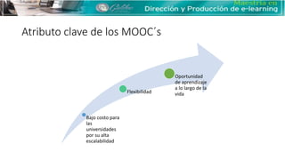Atributo clave de los MOOC´s
Bajo costo para
las
universidades
por su alta
escalabilidad
Flexibilidad
Oportunidad
de aprendizaje
a lo largo de la
vida
 