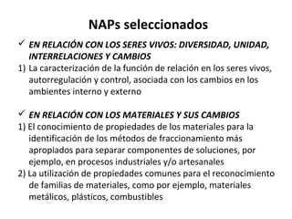 NAPs seleccionados
 EN RELACIÓN CON LOS SERES VIVOS: DIVERSIDAD, UNIDAD,
INTERRELACIONES Y CAMBIOS
1) La caracterización de la función de relación en los seres vivos,
autorregulación y control, asociada con los cambios en los
ambientes interno y externo
 EN RELACIÓN CON LOS MATERIALES Y SUS CAMBIOS
1) El conocimiento de propiedades de los materiales para la
identificación de los métodos de fraccionamiento más
apropiados para separar componentes de soluciones, por
ejemplo, en procesos industriales y/o artesanales
2) La utilización de propiedades comunes para el reconocimiento
de familias de materiales, como por ejemplo, materiales
metálicos, plásticos, combustibles

 