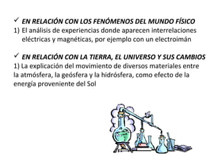  EN RELACIÓN CON LOS FENÓMENOS DEL MUNDO FÍSICO
1) El análisis de experiencias donde aparecen interrelaciones
eléctricas y magnéticas, por ejemplo con un electroimán
 EN RELACIÓN CON LA TIERRA, EL UNIVERSO Y SUS CAMBIOS
1) La explicación del movimiento de diversos materiales entre
la atmósfera, la geósfera y la hidrósfera, como efecto de la
energía proveniente del Sol

 