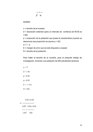 --- + --Z2

N

DONDE:

n = tamaño de la muestra
Z = desviación estándar (para un intervalo de confianza de 95.55 es
1.96)
p = proporción de la población que posee la característica (cuando se
desconoce esa proporción se asume p = 50)
q=1-p
E = margen de error que se está dispuesto a aceptar
N = tamaño de la población

Para hallar el tamaño de la muestra, para el presente trabajo de
investigación, tomando una población de 650 estudiantes tenemos:

n = ??
Z = 1.96
p = 0.50
q = 0.50
E = +/- 5%
N = 650

0,50 x 0,50
n = -----------------0,502 0,50 x 0,50
----- + ----------1,962

650

45

 