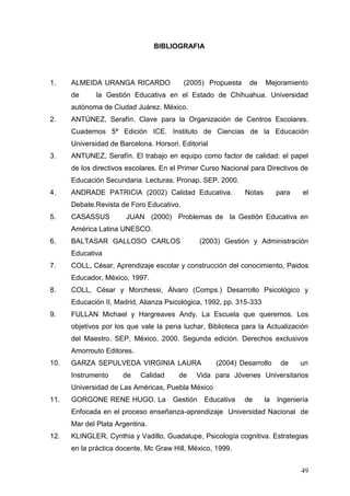 BIBLIOGRAFIA

1.

ALMEIDA URANGA RICARDO
de

(2005) Propuesta

de

Mejoramiento

la Gestión Educativa en el Estado de Chihuahua. Universidad

autónoma de Ciudad Juárez. México.
2.

ANTÚNEZ, Serafín. Clave para la Organización de Centros Escolares.
Cuadernos 5ª Edición ICE. Instituto de Ciencias de la Educación
Universidad de Barcelona. Horsori. Editorial

3.

ANTUNEZ, Serafín. El trabajo en equipo como factor de calidad: el papel
de los directivos escolares. En el Primer Curso Nacional para Directivos de
Educación Secundaria. Lecturas. Pronap. SEP. 2000.

4.

ANDRADE PATRICIA (2002) Calidad Educativa.

Notas

para

el

Debate.Revista de Foro Educativo.
5.

CASASSUS

JUAN (2000) Problemas de la Gestión Educativa en

América Latina UNESCO.
6.

BALTASAR GALLOSO CARLOS

(2003) Gestión y Administración

Educativa
7.

COLL, César, Aprendizaje escolar y construcción del conocimiento, Paidos
Educador, México, 1997.

8.

COLL, César y Morchessi, Álvaro (Comps.) Desarrollo Psicológico y
Educación II, Madrid, Alianza Psicológica, 1992, pp. 315-333

9.

FULLAN Michael y Hargreaves Andy. La Escuela que queremos. Los
objetivos por los que vale la pena luchar, Biblioteca para la Actualización
del Maestro. SEP, México, 2000. Segunda edición. Derechos exclusivos
Amorrouto Editores.

10.

GARZA SEPULVEDA VIRGINIA LAURA
Instrumento

de

Calidad

de

(2004) Desarrollo

de

un

Vida para Jóvenes Universitarios

Universidad de Las Américas, Puebla México
11.

GORGONE RENE HUGO. La

Gestión

Educativa

de

la

Ingeniería

Enfocada en el proceso enseñanza-aprendizaje Universidad Nacional de
Mar del Plata Argentina.
12.

KLINGLER, Cynthia y Vadillo, Guadalupe, Psicología cognitiva. Estrategias
en la práctica docente, Mc Graw Hill, México, 1999.
49

 