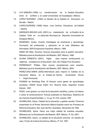 13.

LYA SAÑUDO (1998) La
entre

14.

el

transformación

de

la Gestión Educativa

conflicto y el poder Universidad de Guadalajara –México.

LOPEZ RUPEREZ (1994) La Gestión de la Calidad en Educación. La
Muralla – Madrid

15.

LOPEZ RUPEREZ (1998) Hacia unos Centros Educativos de Calidad
– Madrid.

16.

MARQUES MOLÍAS LUIS. (2001) La
Calidad Total en

implantación

de

la Gestión de la

un patronato Municipal de Deportes Universidad de

Zaragoza México.
17.

MONEREO, Carles. (Coord). Estrategias de enseñanza y aprendizaje.
Formación del profesorado y aplicación en el aula, Biblioteca del
Normalista, SEP/Cooperación Española. México, 1998
NAMO DE Melo, Guiomar, Nuevas propuestas para la gestión educativa.
Biblioteca para la Actualización del Maestro, SEP, México, 1998.

18.

OLANO ERNESTO (2001)

Vigilar

para mejorar construyendo La

vigilancia ciudadana en la Educación. Doc. De Trabajo Foro Educativo.
19.

PERRENOUT,

Phillipe,

Diez

nuevas

competencias

para

enseñar,

Biblioteca para la Actualización del Maestro, SEP, México, 2004
PEREZ DIAZ OMAR. (2002) Alternativas para mejorar la Calidad de la
Educación
I.
20.

Básica

en

el

Estado de Tachira

Universidad

Rovira

Virgili Venezuela.

POZNER de Weinberg Pilar, El Director como gestor de aprendizajes
escolares, AIQUE Grupo Editor S.A. Buenos Aires, Argentina Cuarta
Edición. 1997.

21.

POZO, Juan Ignacio, La crisis de la educación científica ¿volver a lo básico
o volver al constructivismo? Artículo publicado en Alambique. Didáctica de
las Ciencias Experimentales, n. 14, pp. 91-104, octubre 1997

22.

SCHMELKES, Sylvia. Calidad de la educación y gestión escolar, Ponencia
presentada en el Primer Seminario México-España sobre los Procesos de
Reforma Educativa, San Juan del Río, Querétaro, Noviembre de 1996.

23.

SCHMELKES, Sylvia. Hacia una mejor calidad de nuestras escuelas,
Biblioteca par la Actualización del Maestro, SEP, México, 3ª. Ed. 2001.

24.

SCHMELKES, Sylvia. La calidad de la educación primaria. Un estudio de
caso, Fondo de Cultura Económica, México, 2ª. Ed. 1997.
50

 