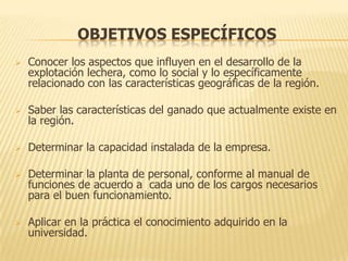 OBJETIVOS ESPECÍFICOS
   Conocer los aspectos que influyen en el desarrollo de la
    explotación lechera, como lo social y lo específicamente
    relacionado con las características geográficas de la región.

   Saber las características del ganado que actualmente existe en
    la región.

   Determinar la capacidad instalada de la empresa.

   Determinar la planta de personal, conforme al manual de
    funciones de acuerdo a cada uno de los cargos necesarios
    para el buen funcionamiento.

   Aplicar en la práctica el conocimiento adquirido en la
    universidad.
 