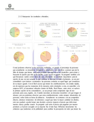 2.1.3 Interpretar los resultados obtenidos.
Como podemos observar en las encuestas realizadas, es grande el porcentaje de personas
que actualmente se encuentran trabajando y estudiando, esto nos lleva a pensar que por la
falta de tiempo que tienen, será poco probable que regresen a sus domicilios para comer y
buscarán la opción que más se les facilite y que sea de su agrado. Se preguntó también con
qué frecuencia suelen comer fuera de casa, obteniendo un resultado mayoritario para la
opción de una vez por semana, lo que reafirma la idea que se tenía al principio, ya sea por
comodidad o por motivos económicos las personas comerán en aquel lugar que consideren
de su mayor agrado. Con el fácil acceso que tienen los establecimientos de comida rápida,
era de esperarse que las respuestas de la encuesta estén orientados a esta, en específico a la
empresa KFC, al encontrase ubicados dentro de Malls, Real Plazas, entre otros, se vuelven
la primera opción de los consumidores, ya sea porque están comprando algo de uso
personal, para casa, regalos, etc. Cuando necesitan un descanso recurrirán a lo que tengan al
alcance, por eso podemos observar que estos establecimientos están siempre abastecidos de
personas, sobre todas en horas de almuerzo. Actualmente no contamos con un competidor
directo, entonces tomaremos de referencia a aquel que tiene la mayor cantidad de clientes,
esto nos ayudará a poder tomar una decisión correcta respecto al precio que debe tener
nuestra cheesy gordita crunch. Se preguntó cuál sería el precio que pagarían por nuestro
producto y el precio escogido en su mayoría fue el más bajo. Debemos incrementar los
esfuerzos que tendremos en la publicidad para cambiar la percepción de valor que tienen las
22%
28%
50%
OC U P A C I ÓN A C TU A L
Trabajando
Estudiando
Trabajando y
estudiando
15%
17%
55%
13%
¿ C ON Q U É F R EC U EN C I A
S U EL ES C OM ER F U ER A D E
C A S A ?
1-3 veces al año
2 veces al mes
1 vez por semana
12% 7%
58%
23%
¿ D ÓN D E S U EL ES C OM ER ?
Menus
Cafetería
Comida rápida
Restaurante
17%
33%
10%
15%
25%
E S T A B L E C I M I E N T O S D E
P R E F E R E N C I A
Bembos KFC Mcdonald's Pizza hut Otros
82%
18%
¿ C O N O C E S T A C O B E L L ?
No Sí
77%
17%
3% 3%
¿ Q U É P R EC I O P A G A R Í A S P OR
U N A C H EES Y G OR D I TA
C R U N C H ?
S/. 13.90 S/. 15.90 S/. 17.90 S/. 19.90
 