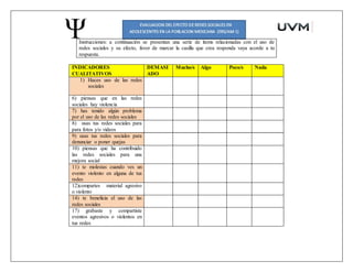INDICADORES
CUALITATIVOS
DEMASI
ADO
Mucho/s Algo Poco/s Nada
1) Haces uso de las redes
sociales
6) piensas que en las redes
sociales hay violencia
7) has tenido algún problema
por el uso de las redes sociales
8) usas tus redes sociales para
para fotos y/o videos
9) usas tus redes sociales para
denunciar o poner quejas
10) piensas que ha contribuido
las redes sociales para una
mejora social
11) te molestas cuando ves un
evento violento en alguna de tus
redes
12)compartes material agresivo
o violento
14) te beneficia el uso de las
redes sociales
17) grabaste y compartiste
eventos agresivos o violentos en
tus redes
Instrucciones: a continuación se presentan una serie de ítems relacionadas con el uso de
redes sociales y su efecto, favor de marcar la casilla que crea responda vaya acorde a tu
respuesta.
 