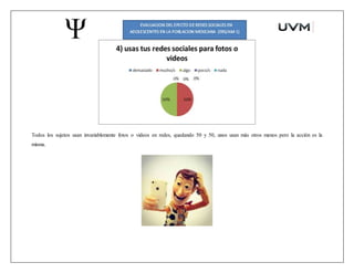 Todos los sujetos usan invariablemente fotos o videos en redes, quedando 50 y 50, unos usan más otros menos pero la acción es la
misma.
 