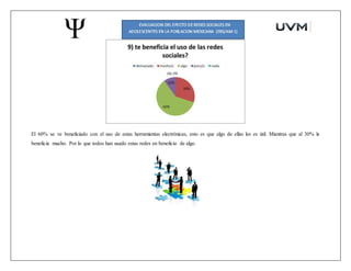 El 60% se ve beneficiado con el uso de estas herramientas electrónicas, esto es que algo de ellas les es útil. Mientras que al 30% le
beneficia mucho. Por lo que todos han usado estas redes en beneficio de algo.
 