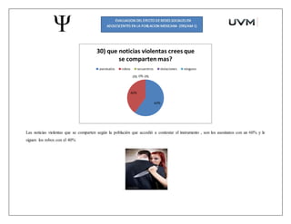 Las noticias violentas que se comparten según la población que accedió a contestar el instrumento , son los asesinatos con un 60% y le
siguen los robos con el 40%
.
 