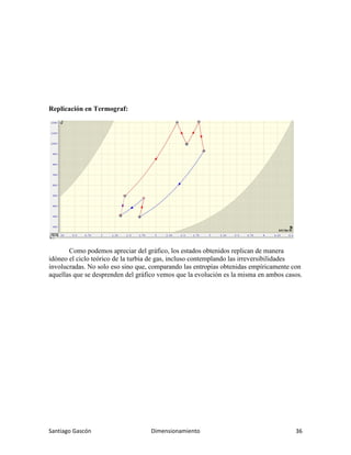 Santiago Gascón Dimensionamiento 36
Replicación en Termograf:
Como podemos apreciar del gráfico, los estados obtenidos replican de manera
idóneo el ciclo teórico de la turbia de gas, incluso contemplando las irreversibilidades
involucradas. No solo eso sino que, comparando las entropías obtenidas empíricamente con
aquellas que se desprenden del gráfico vemos que la evolución es la misma en ambos casos.
 