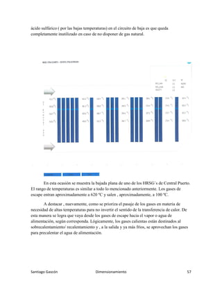 Santiago Gascón Dimensionamiento 57
ácido sulfúrico ( por las bajas temperaturas) en el circuito de baja es que queda
completamente inutilizado en caso de no disponer de gas natural.
En esta ocasión se muestra la bajada plana de uno de los HRSG´s de Central Puerto.
El rango de temperaturas es similar a todo lo mencionado anteriormente. Los gases de
escape entran aproximadamente a 620 ºC y salen , aproximadamente, a 100 ºC.
A destacar , nuevamente, como se prioriza el pasaje de los gases en materia de
necesidad de altas temperaturas para no invertir el sentido de la transferencia de calor. De
esta manera se logra que vaya desde los gases de escape hacia el vapor o agua de
alimentación, según corresponda. Lógicamente, los gases calientas están destinados al
sobrecalentamiento/ recalentamiento y , a la salida y ya más fríos, se aprovechan los gases
para precalentar el agua de alimentación.
 