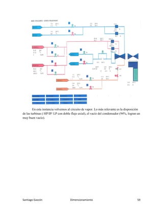 Santiago Gascón Dimensionamiento 59
En esta instancia volvemos al circuito de vapor. Lo más relevante es la disposición
de las turbinas ( HP/IP/ LP con doble flujo axial), el vacío del condensador (94%, logran un
muy buen vacío).
 