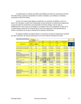 Santiago Gascón Estructura de Costos 77
A continuación se expone una tabla consolidada con todos los suministros de obra.
De todas formas, aparecen resumidos los montos evaluados ya en dólares ( en dólares
nominales al día de la fecha)..
A esto se le suma el que algunos suministros se cotizaron en dólares y otros en
pesos. Por otra parte, resulta vital comprender en qué momento se realizan las erogaciones
ya que no todos los suministros son requeridos al mismo tiempo. Con lo cual, la
distribución de estos costos en el tiempo y su impacto real en el resultado de la obra se la
evaluará luego a partir de la evolución de la curva de erogaciones. Esta determinará el
monto y los plazos en los que se abonarán los distintos suministros.
Se adjunta también un análisis Pareto, el cual busca evaluar la importancia nominal
de cada suministro, de manera individual, en el costo total de suministros de obra.
 