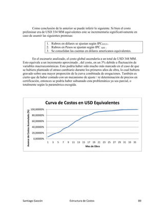Santiago Gascón Estructura de Costos 89
Como conclusión de lo anterior se puede inferir lo siguiente. Si bien el costo
preliminar era de USD 334 MM equivalentes este se incrementaría significativamente en
caso de asumir las siguientes premisas:
1. Rubros en dólares se ajustan según IPCEEUU.
2. Rubros en Pesos se ajustan según IPC ARS .
3. Se consolidan las cuentas en dólares americanos equivalentes.
En el escenario analizado, el costo global ascendería a un total de USD 344 MM.
Esto equivale a un incremento aproximado , del costo, en un 3% debido a fluctuación de
variables macroeconómicas. Esto podría haber sido mucho más marcado en el caso de que
se hubiera planteado el atraso cambiario durante los primeros años de obra, lo cual hubiera
gravado sobre una mayor proporción de la curva combinada de erogaciones. También es
cierto que de haber contado con un mecanismo de ajuste / re determinación de precios en
certificación, entonces se podría haber subsanado esta problemática ya sea parcial, o
totalmente según la paramétrica escogida.
0,00000%
20,00000%
40,00000%
60,00000%
80,00000%
100,00000%
1 3 5 7 9 11 13 15 17 19 21 23 25 27 29 31 33 35
Avance
de
Costos
Acumulado
(%)
Mes de Obra
Curva de Costos en USD Equivalentes
 