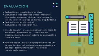 EVALUACIÓN
Evaluación del trabajo diario en clase.
Evaluación de los portfolios creados mediante
diversas herramientras digitales para compartir
información con su grupo (pinterest, blog, twitter...)
Evaluación del artefacto final.
Evaluación de la exposición final.
"Jurado popular" - evaluación por parte del resto de
alumnado, profesorado, etc... que asista a la
presentación mediante un sistema de puntuación a
través del móvil.
Autoevaluación - evaluación por parte de cada uno
de los miembros del equipo de su propio trabajo y
del papel desempeñado por el resto de los
miembros de su grupo.
 